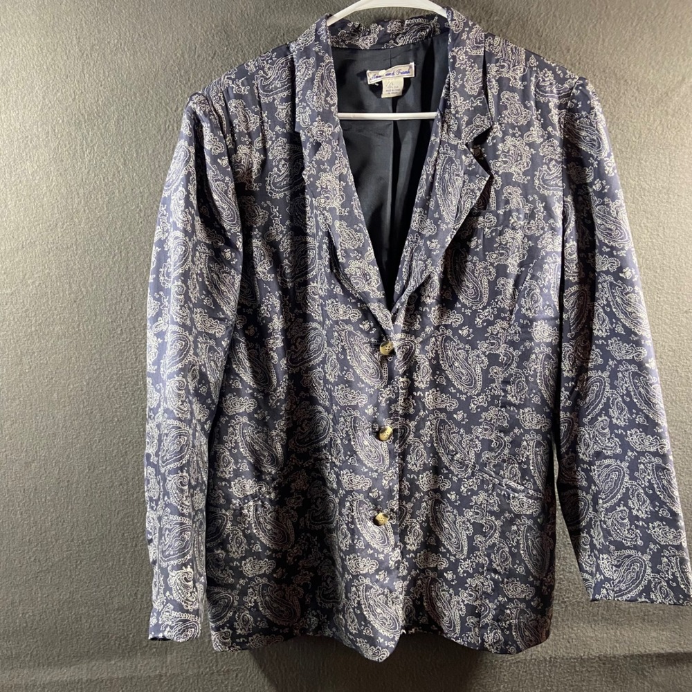 vtg silk Blazer large Jacket Paisley Navy Blue old money retro 90s 70s capsule